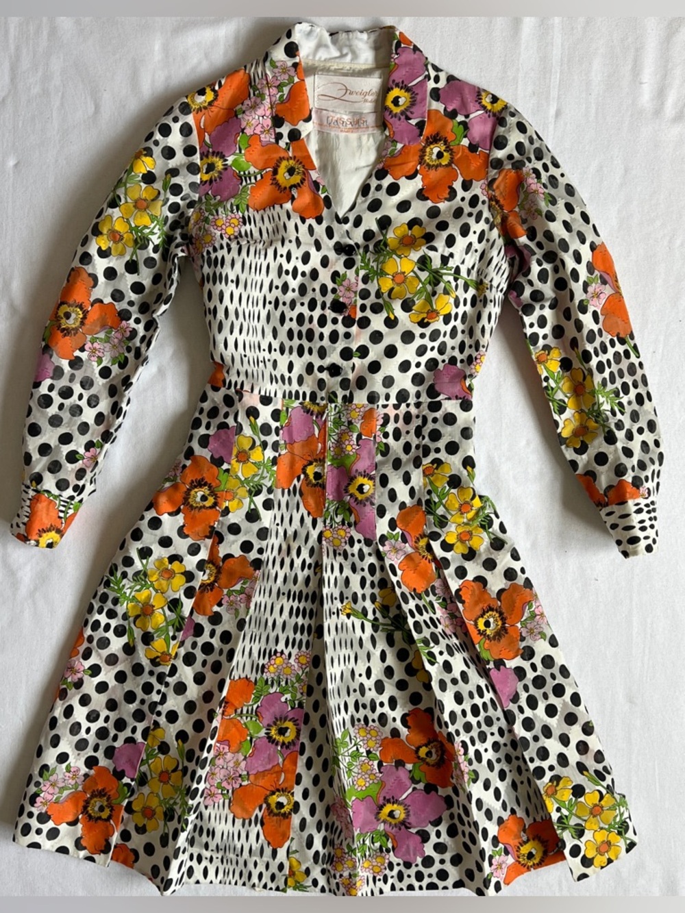 Lanvin Paris Vintage 60s Mod Silk Dress Polka Dot Floral Fit Flare M